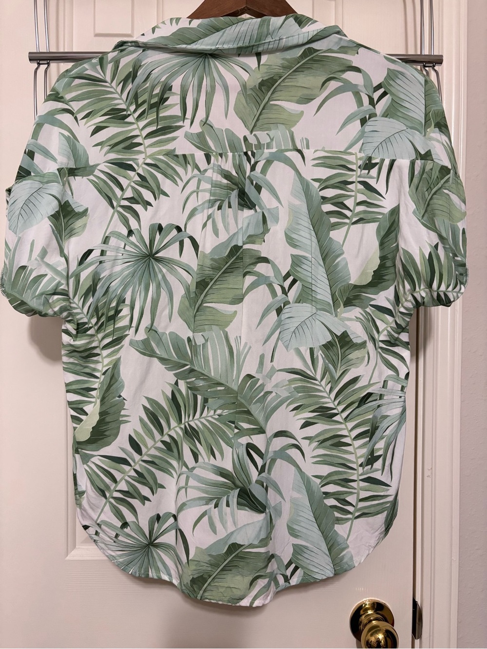 NWOT White Button-Down Shirt with Green Tropical Leaf Print - Picture 3 of 3